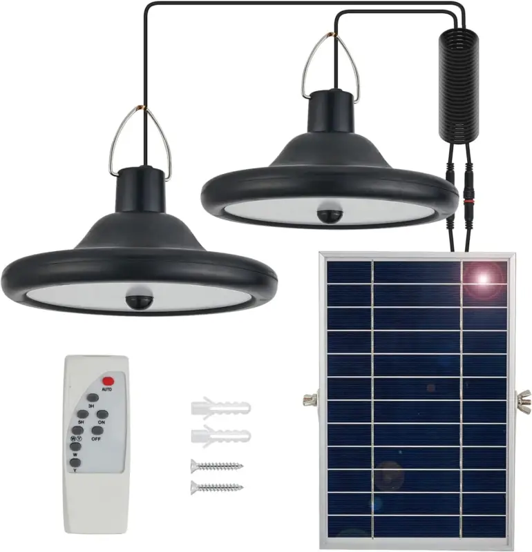 Commander Vite Lampe Solaire Extérieur Intérieur, Suspension Solaire à Double Tête avec Détecteur de Mouvement et Télécommande, IP65 étanche Pendant 5m Cable pour Jardin, Terrasse, Balcon, Garage, Grange