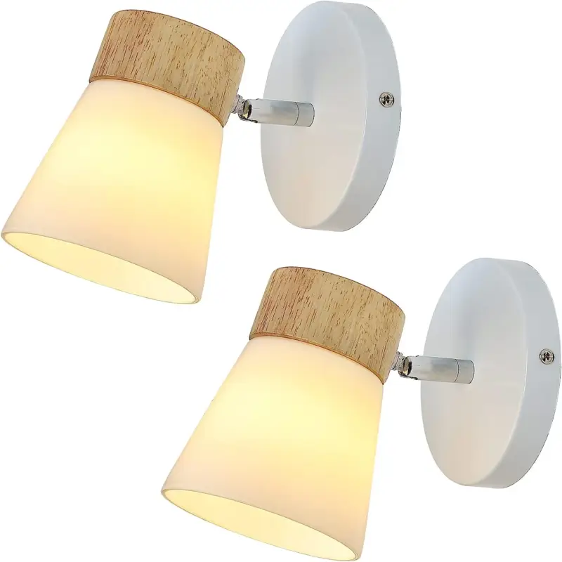 Acheter En Ligne Applique Murale 2 pièces Intérieur Bois Scandinave Lampe murale E27 Base Pour chambre à coucher, salon, couloir, entrée Blanc
