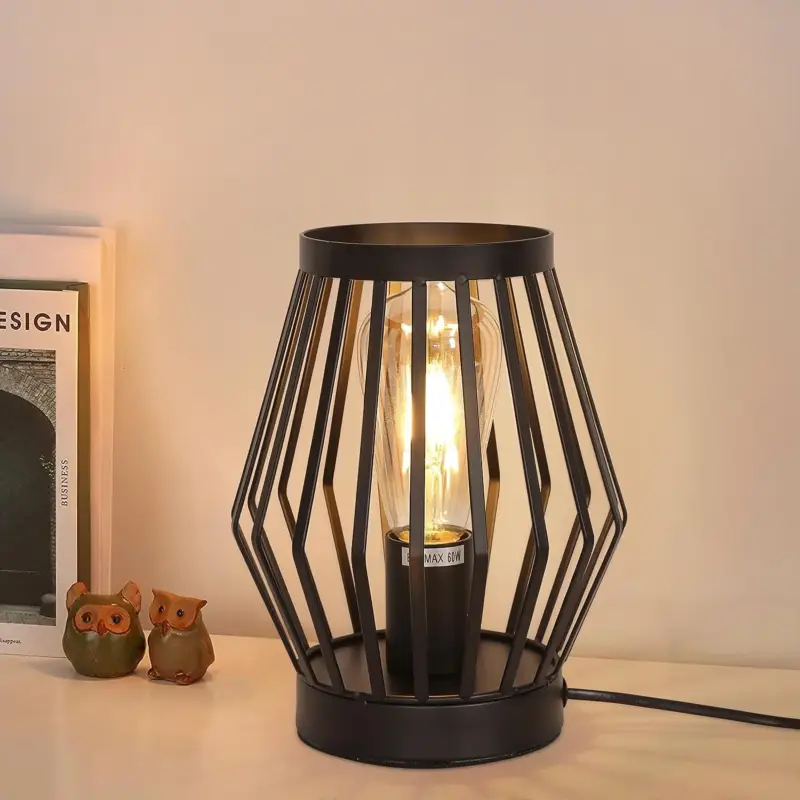 Lampe à poser Vintage Cage Lampe de chevet E27 Base Pour Chambre, Salon, Bureau Noir (Ampoule non incluse) Offre Exclusive