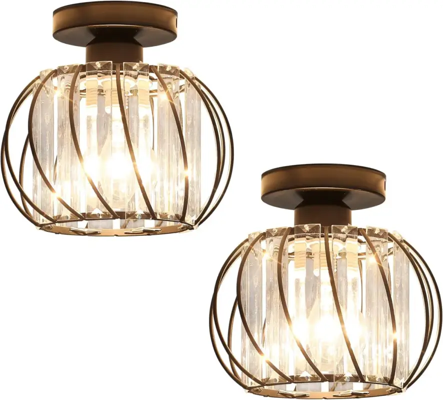Quantité Limitée 2 pièces Plafonnier en Cristal Moderne E27 Base Cage Lampe de Plafond Pour Cuisine Salle à Manger Chambre Couloir Entrée Balcon Noir (Ampoule non incluse)