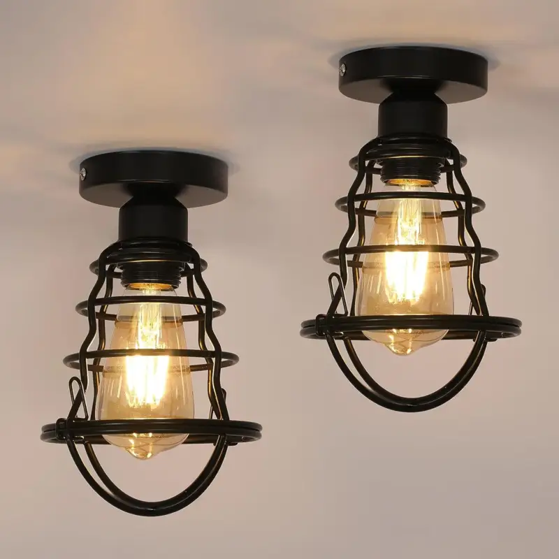 Prix Bas 2 pièces Plafonnier Industriel Vintage E27 Base Cage Lampe de Plafond Pour Cuisine Salle à Manger Chambre Couloir Entrée Balcon Noir