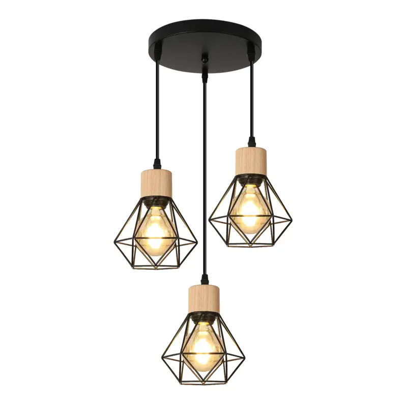 Top Vente Lustre en fer industriel rétro, plafonnier à base ronde, adapté aux ampoules E27, longueur réglable, lustre en bois noir adapté à la salle à manger, au salon
