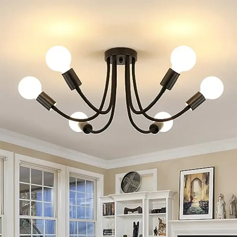 Plafonnier Industriel en Fer Vintage – 6 Têtes, Noir, 90*47cm, Douilles E27, Sans Source Lumineuse, Lustre de Plafond Angle Réglable pour salon chamb Expédié Aujourd&rsquo;hui