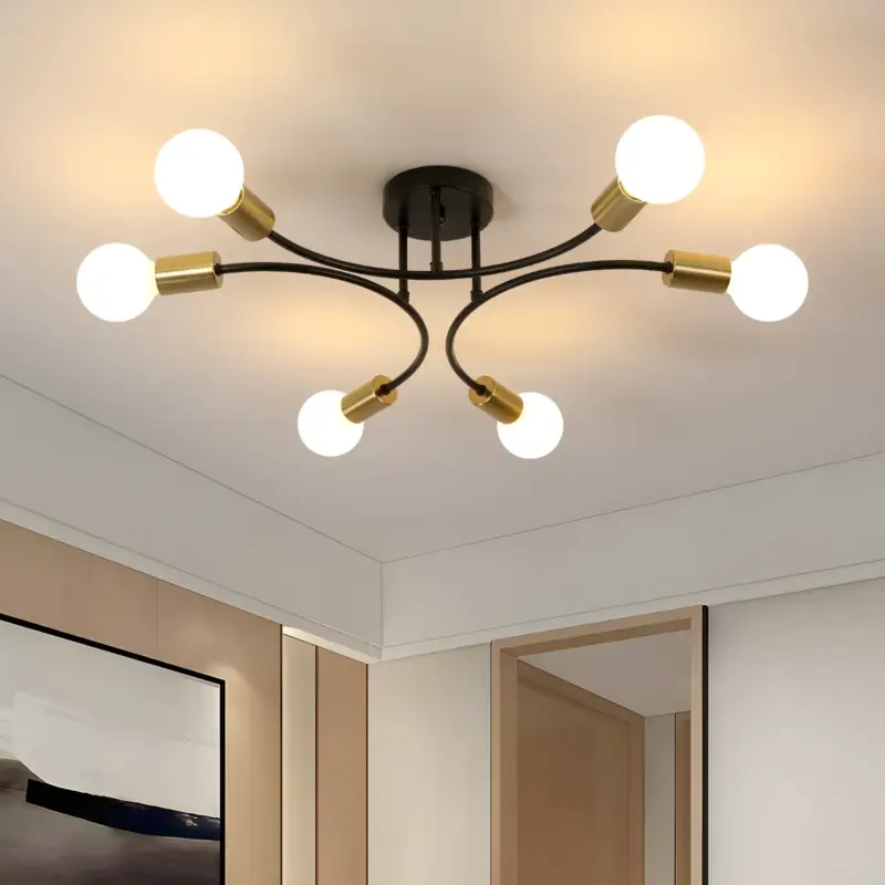 Réduction Plafonnier en Fer Forgé au Design Américain Simple - Noir et Or, 6 Têtes, D58*13CM, Douille E27 (Ampoules Non Incluses)