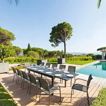 Ensemble table de jardin extensible + 12 fauteuils empilables PIAZZA Graphite Populaire