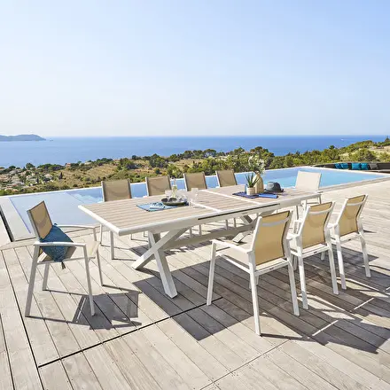 Ensemble table de jardin extensible AXIOME Effet bois + 10 fauteuils AXANT Lin & Blanc Quantité Limitée