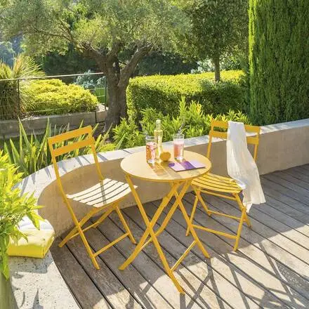 Ensemble table de jardin pliante ronde + 2 chaises GREENSBORO Jaune moutarde Solde