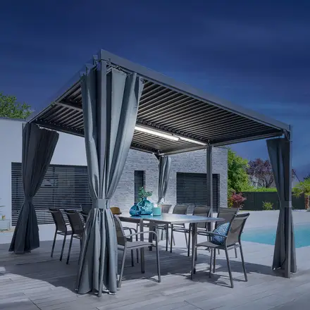 Pergola AVILA Graphite + 1 kit de rideaux Dernier Modèle