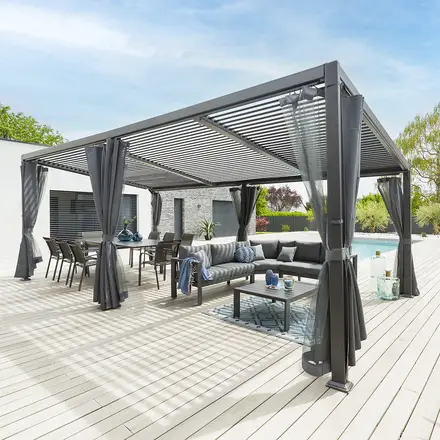 Pergola AVILA Graphite avec 1 kit de moustiquaire et 1 kit de rideaux Affaire À Saisir