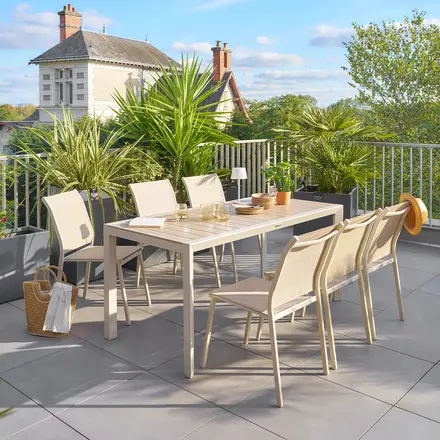 Ensemble table de jardin ÉVASION + 6 chaises empilables ESSENTIA Lin & Argile Remise