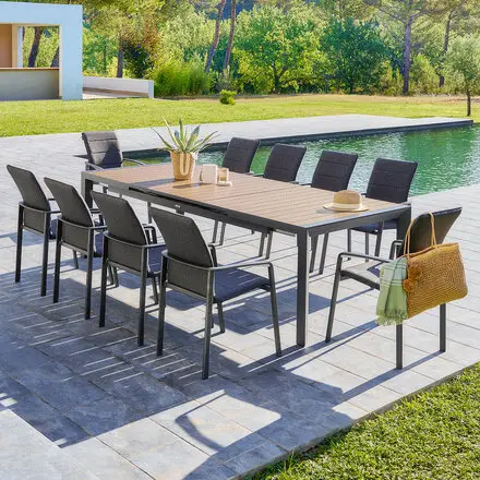 Acheter En Ligne Ensemble table de jardin extensible ÉVASION + 10 fauteuils empilables DIESE Graphite