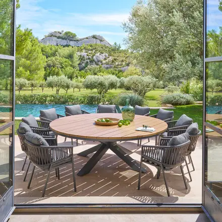 Expédition Rapide Ensemble table de jardin ronde ORACLION + 10 fauteuils ORIENGO Graphite