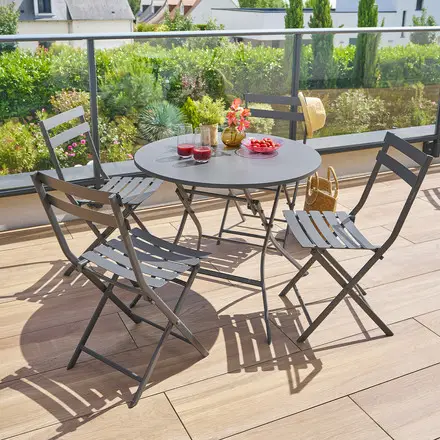 Ensemble table de jardin ronde + 4 chaises empilables GREENSBORO Graphite Prix Cassé