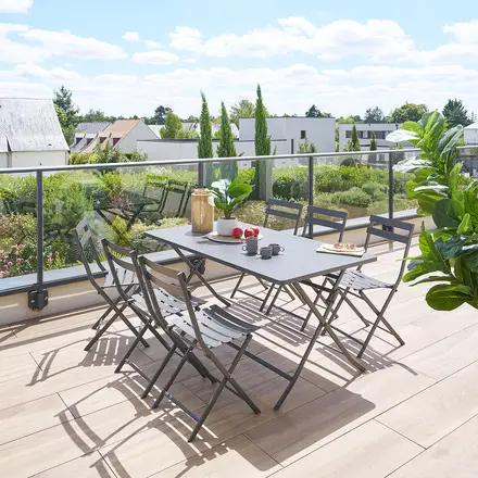 Meilleure Vente Ensemble table de jardin rectangle + 6 chaises empilables GREENSBORO Graphite