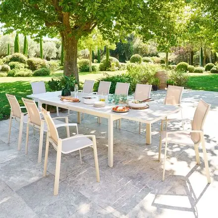 Ensemble table de jardin extensible EVASION + 12 fauteuils AXANT Lin & Argile Acheter Direct