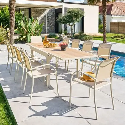 Promotion Ensemble table de jardin extensible PIAZZA+ 10 fauteuils PIAZZA Épeautre & Argile