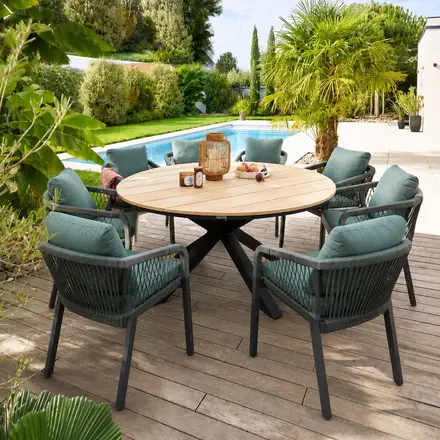 Ensemble table de jardin + 8 fauteuils ORIENGO Acacia / Graphite Prix Bas