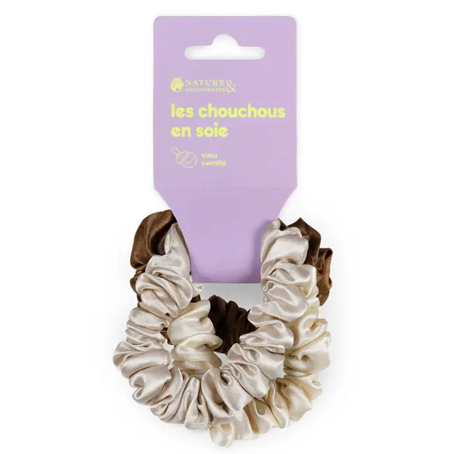 Seulement Aujourd'hui Trio chouchous pure soie certifiée Kaki, crème, marron