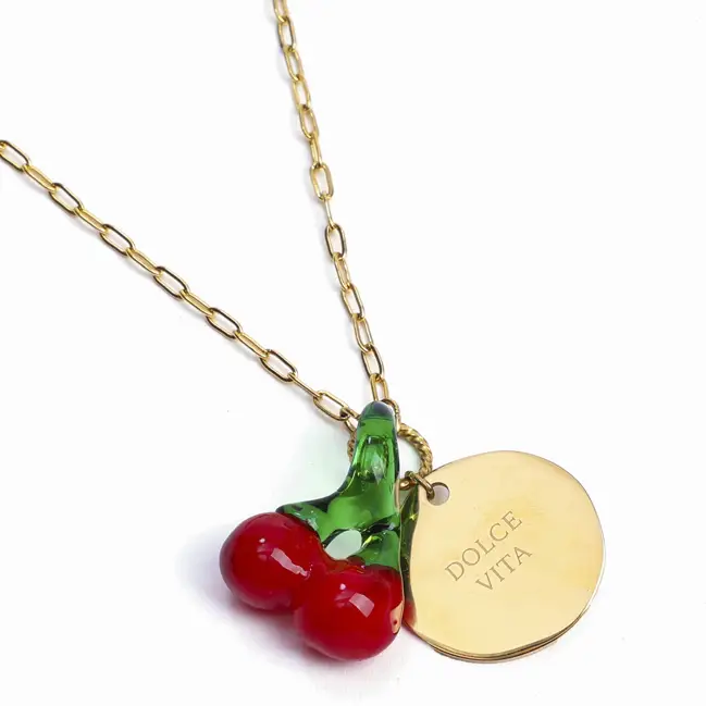 Commander Vite Collier Dolce Vita en acier inoxydable doré et fruits en verre Cerises