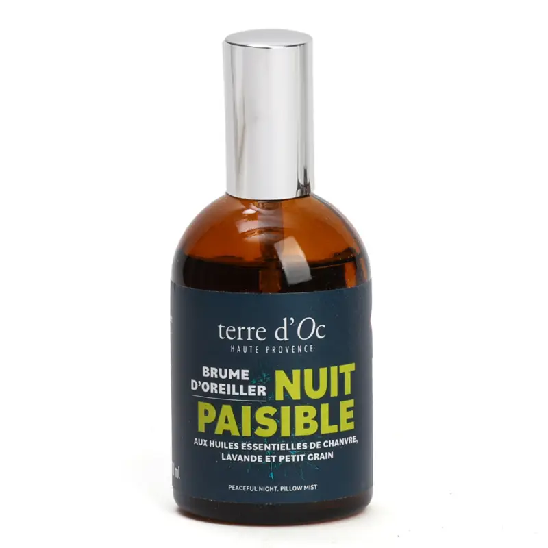 Brume d'oreiller Nuit Paisible huiles essentielles chanvre lavande petit grain Livraison Express