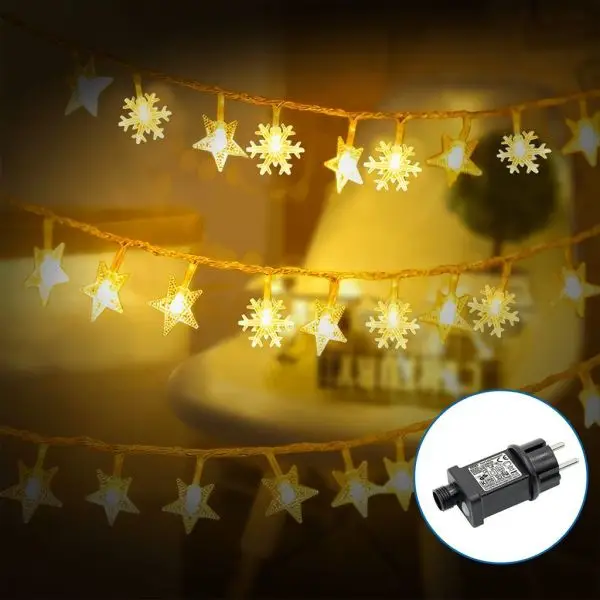 Guirlande lumineuse LED Flocons de neige et étoiles Blanc chaud IP44 – 10m Must-Have