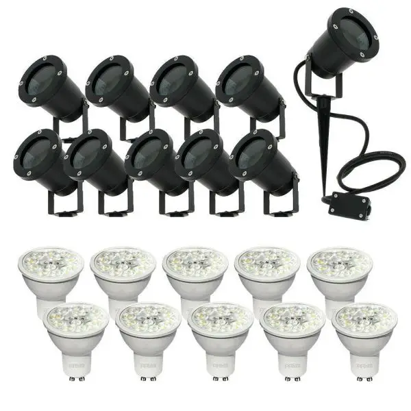Lot de 10 Spots piquets étanches IP65 + 10 ampoules GU10 6W Blanc chaud, Blanc naturel, Blanc froid Jusqu'à Épuisement Des Stocks