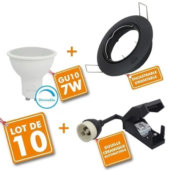 Nouveauté Lot de 10 x Spot encastrable Noir orientable complet LED 7W Dimmable eq 60W