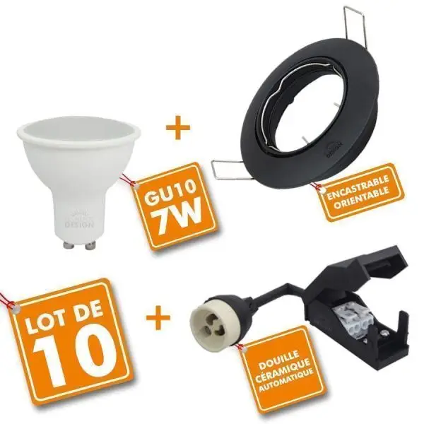 Lot de 10 x Spot encastrable Noir orientable complet LED 7W eq 60W Bon Marché