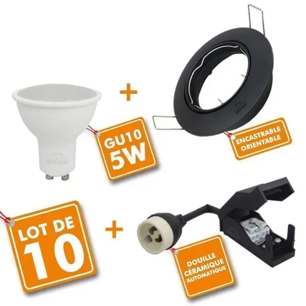 Lot de 10 Spot LED encastrable complet orientable NOIR avec Ampoule GU10 230V 5W Jusqu'à Épuisement Des Stocks