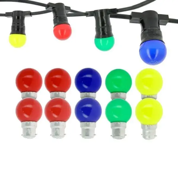 Soldes Guirlande guinguette Professionnelle 10 culots LED B22 multicolores 10 mètres Interconnectable + 12 Ampoules Multicolores