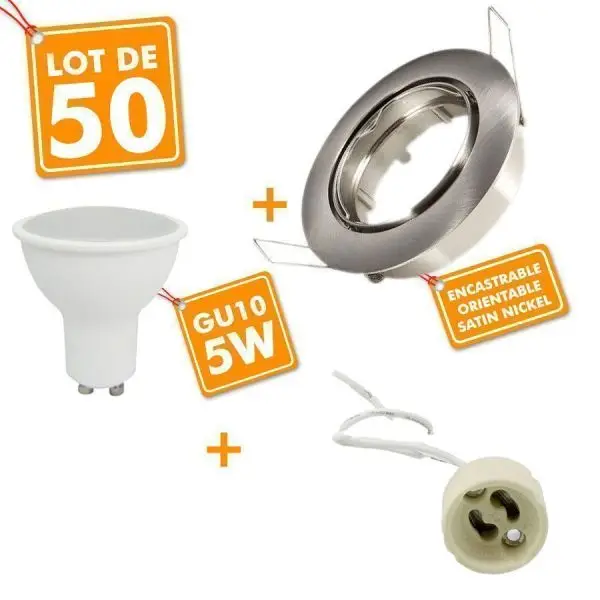 50 Spot LED encastrable complet acier brossé Orientable avec Ampoule GU10 5W Eq 50W Promotion Saisonnière