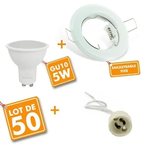 50 Spot LED encastrable complet blanc Fixe avec Ampoule GU10 5W Eq 50W Expédié Aujourd&rsquo;hui