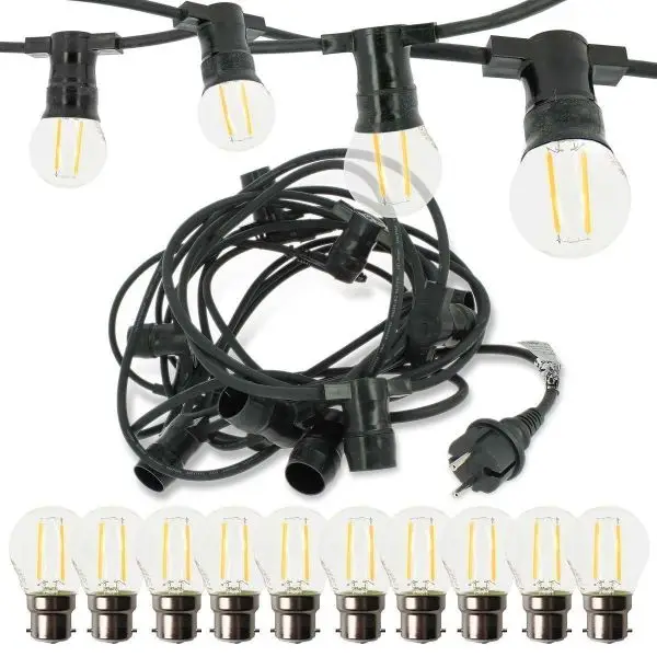 Guirlande guinguette Professionnelle 10 Ampoules LED B22 2W Blanc Chaud 10 mètres Interconnectable Soldes