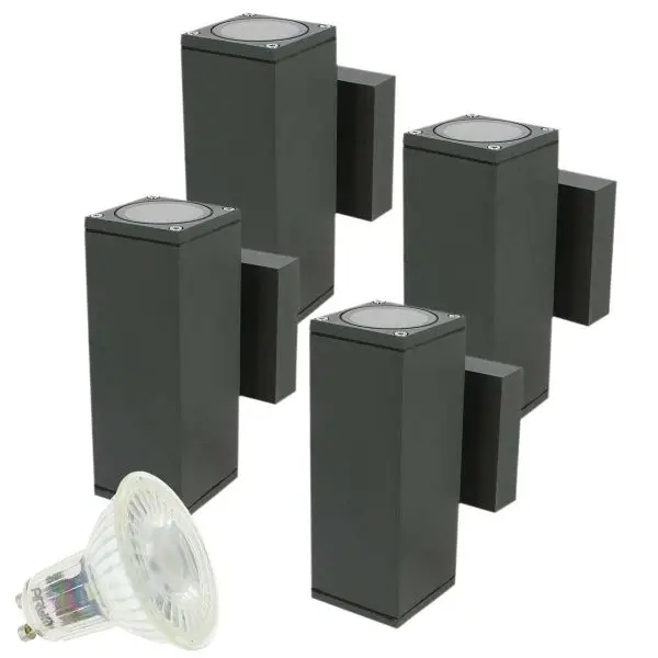 Bon Marché Lot de 4 Appliques VENICE Carré Gris Anthracite Extérieure double faisceau avec 8 Ampoules LED GU10 5W