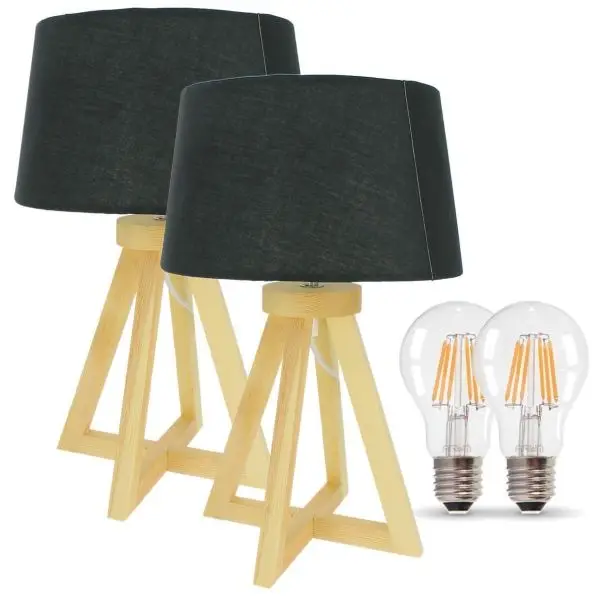 Lot de 2 Lampes à poser HOD en bois E27 37cm avec ses ampoules 4W LED Filament Blanc Chaud Bon Marché