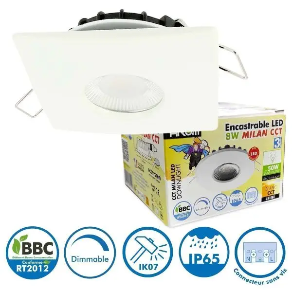 Encastrable LED 8W MILAN CCT IP65 IK07 Collerette Carrée Blanche avec Transformateur Dimmable Bon Marché