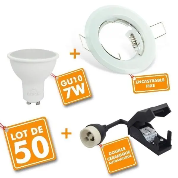 Réduction Lot de 50 Spot LED encastrable complet Blanc Fixe avec Ampoule GU10 7W