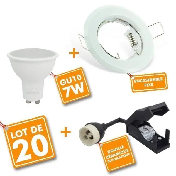 Lot de 20 Spot LED encastrable complet Blanc Fixe avec Ampoule GU10 7W Populaire