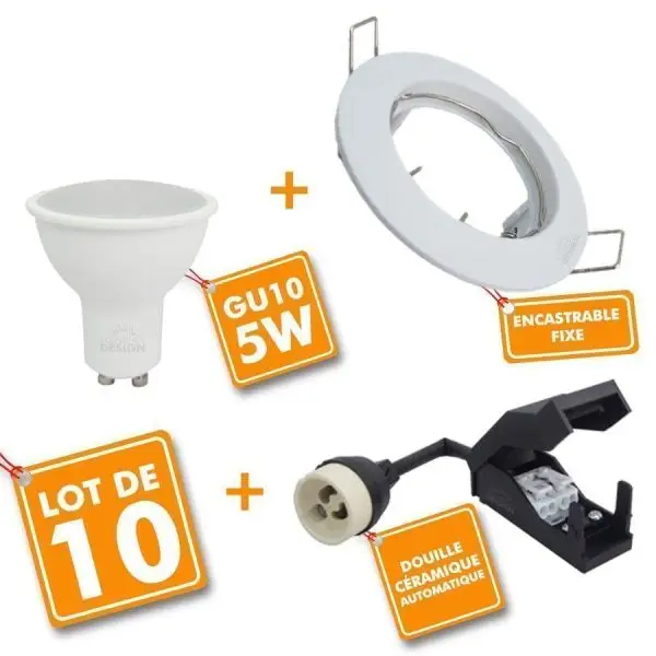 Paiement Sécurisé Lot de 10 Spot encastrable fixe complet blanc avec GU10 LED de 4.5W eq 50W